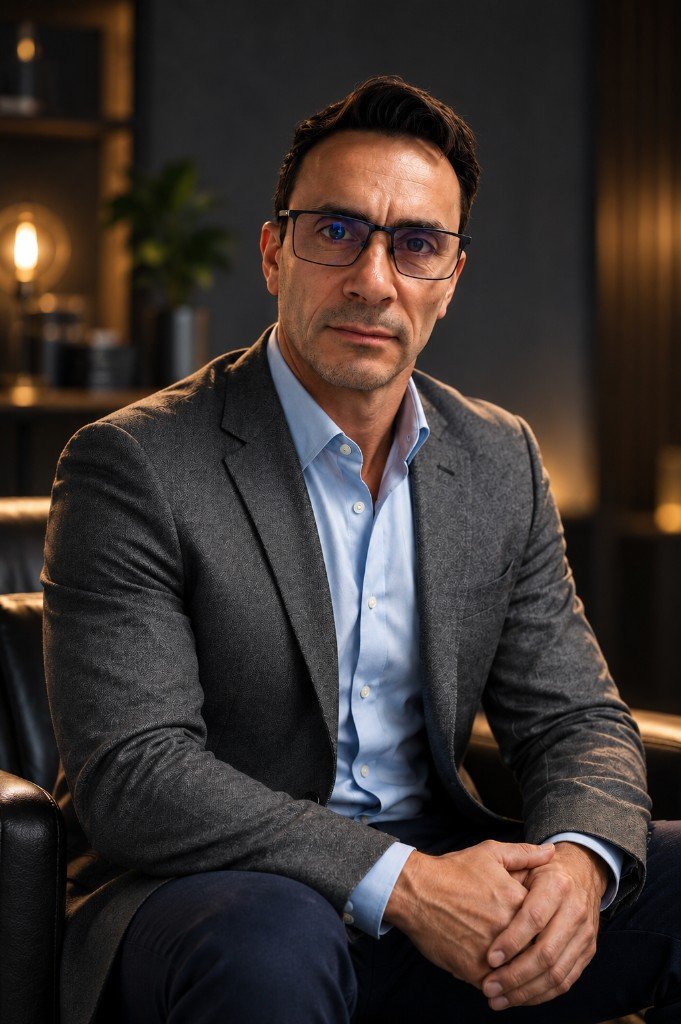 Retrato profesional de Edinson Delgado, desarrollador de software senior y líder técnico, con saco gris y camisa azul en ambiente de oficina.