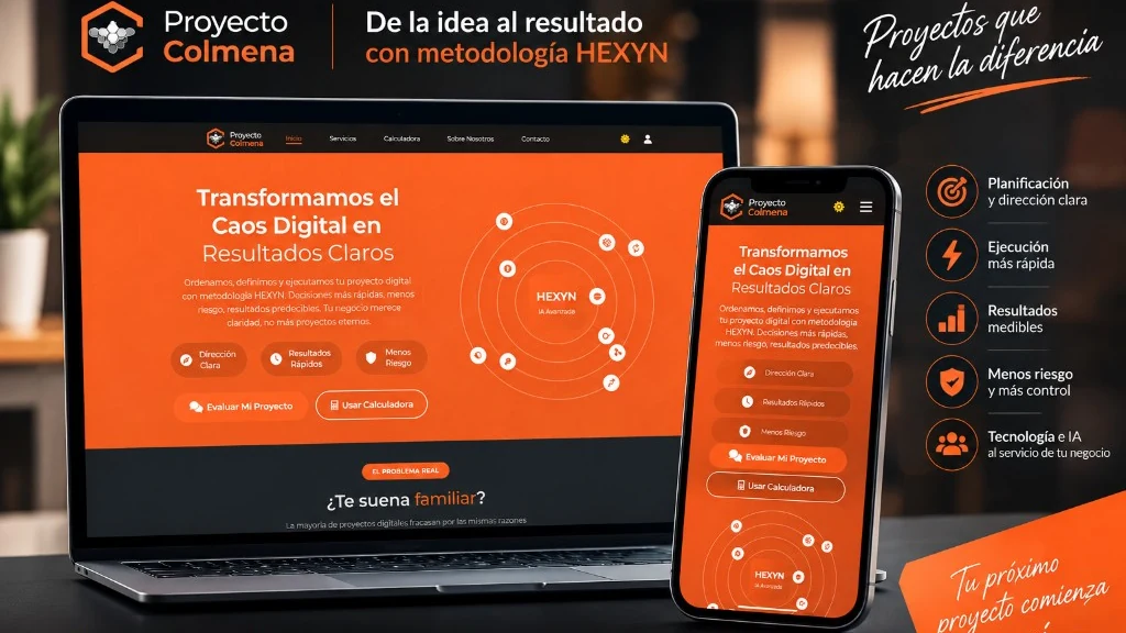 Proyecto Colmena en escritorio y móvil — metodología HEXYN de idea a resultado