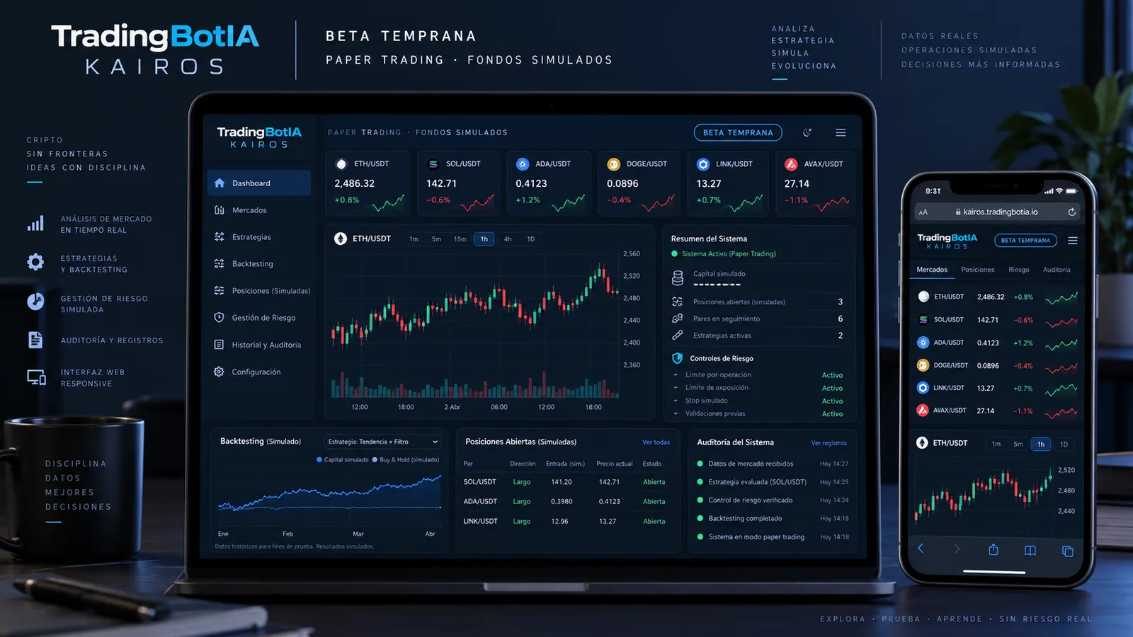 TradingBotIA y consola KAIROS — beta de análisis y paper trading con fondos simulados